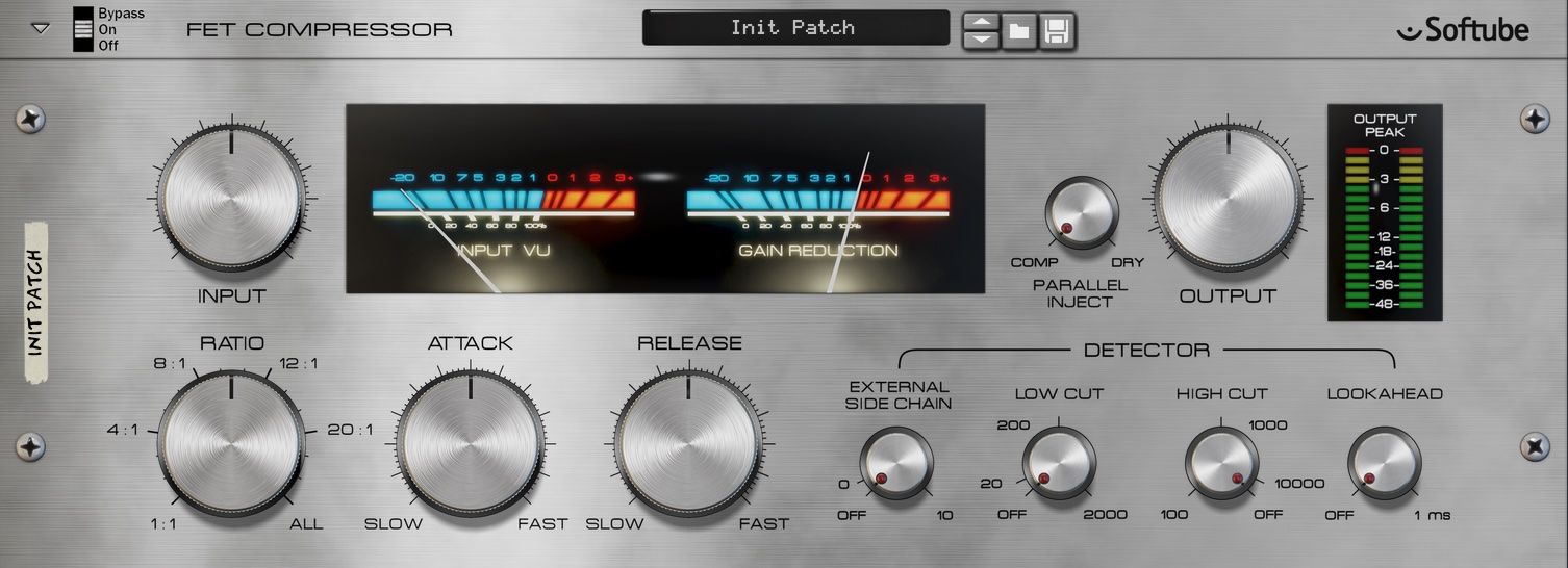 screen capture of the Softube FET Compressor device in the Reason Rack. It's a very large brushed silver device, it looks like a 70s era hi-fi receiver.